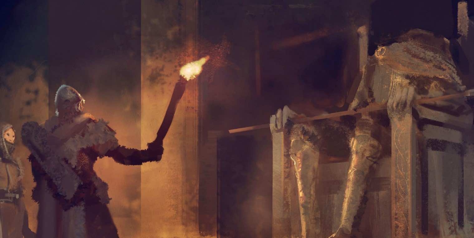 Torch-lit ancient statue in the depths of Davokar